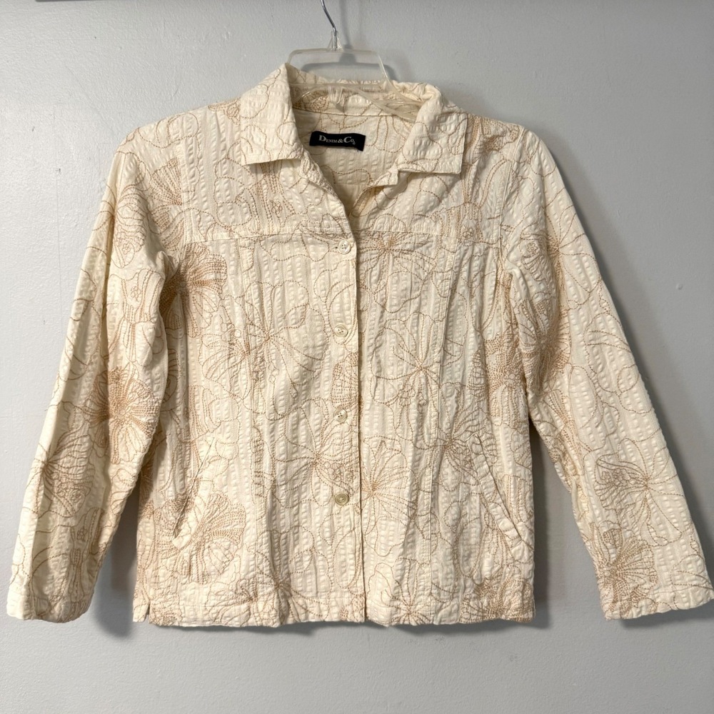 Denim & Co Cream Floral Embroidered Textured Button Front Jacket Women's Small